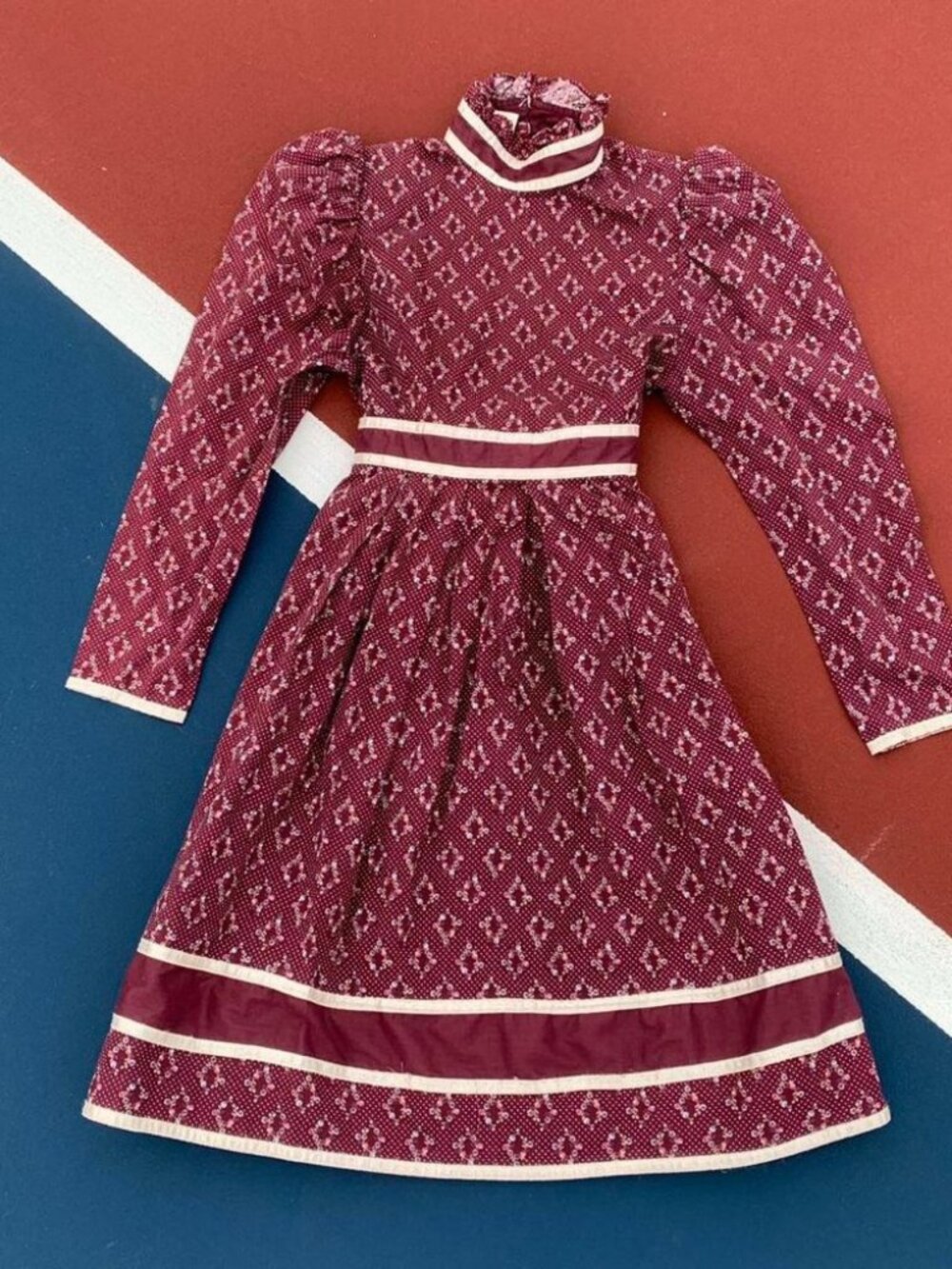Gunne Sax Burgundy Red Floral Polka Dot Print Satin Mini Dress